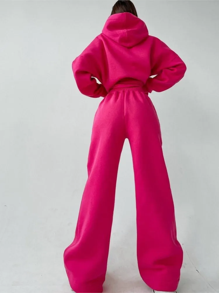 

Woman's Solid Color Hooded Sweatshirt Pant Two-piece Set Fashion Long Sleeves Pocket Pullovers Pants Suits Ladies Loose Outfit