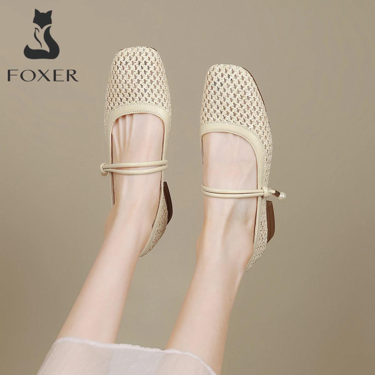 

FOXER 2026 New Women‘s Woven Shoes Square Toe Breathable Mesh Casual Flat Shoes Ladies Comfortable Daily Walking Shoes