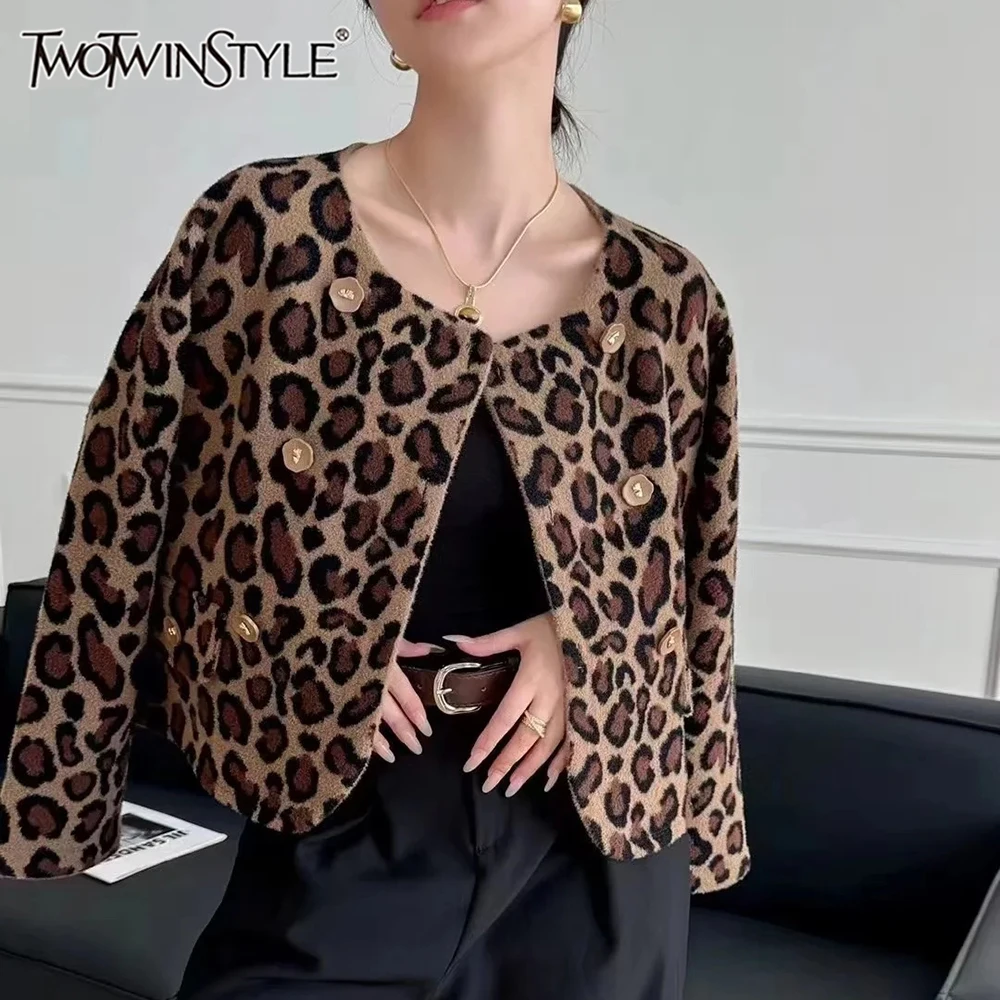 TWOTWINSTYLE Leopard Print Spliced Button Jackets For Women O Neck Long Sleeve Temperament Minimalist Short Coat Female Fashion