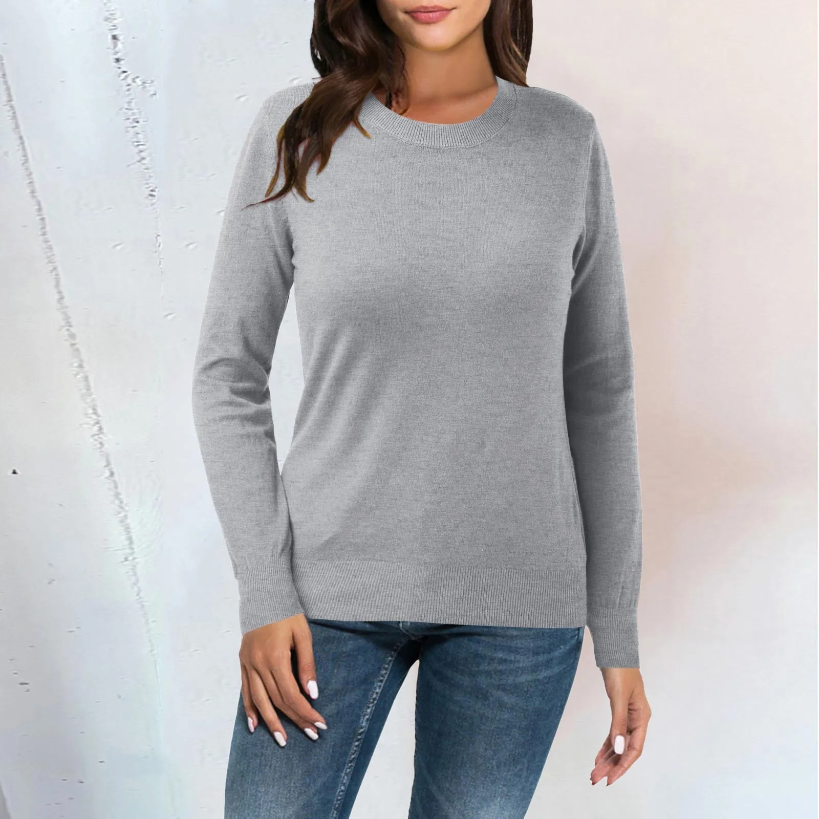 Casual effen kleur ronde hals dieptepunt shirt losse lange mouwen gebreide trui top dames thermische eenvoudige veelzijdige trui