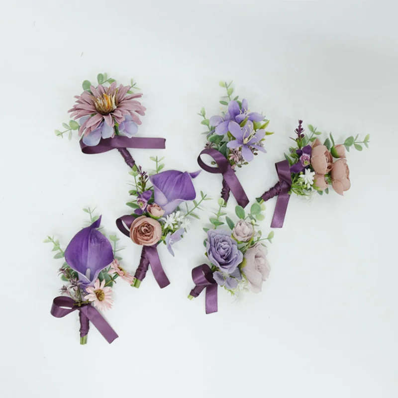 Roxo flores artificiais rosas boutonniere pulso corsage pulseira de dama de honra homem testemunha acessórios de casamento