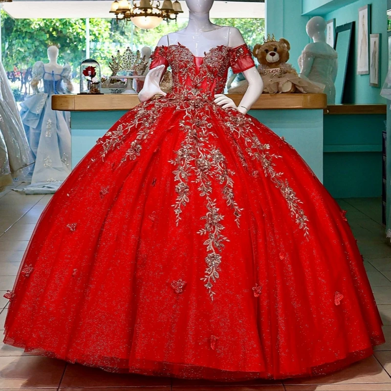 فساتين Quinceanera حمراء لامعة قبالة الكتف مزينة بفيونكة الخرز تول حفلة عيد ميلاد حلوة 16 فستان Vestidos 15 de anos