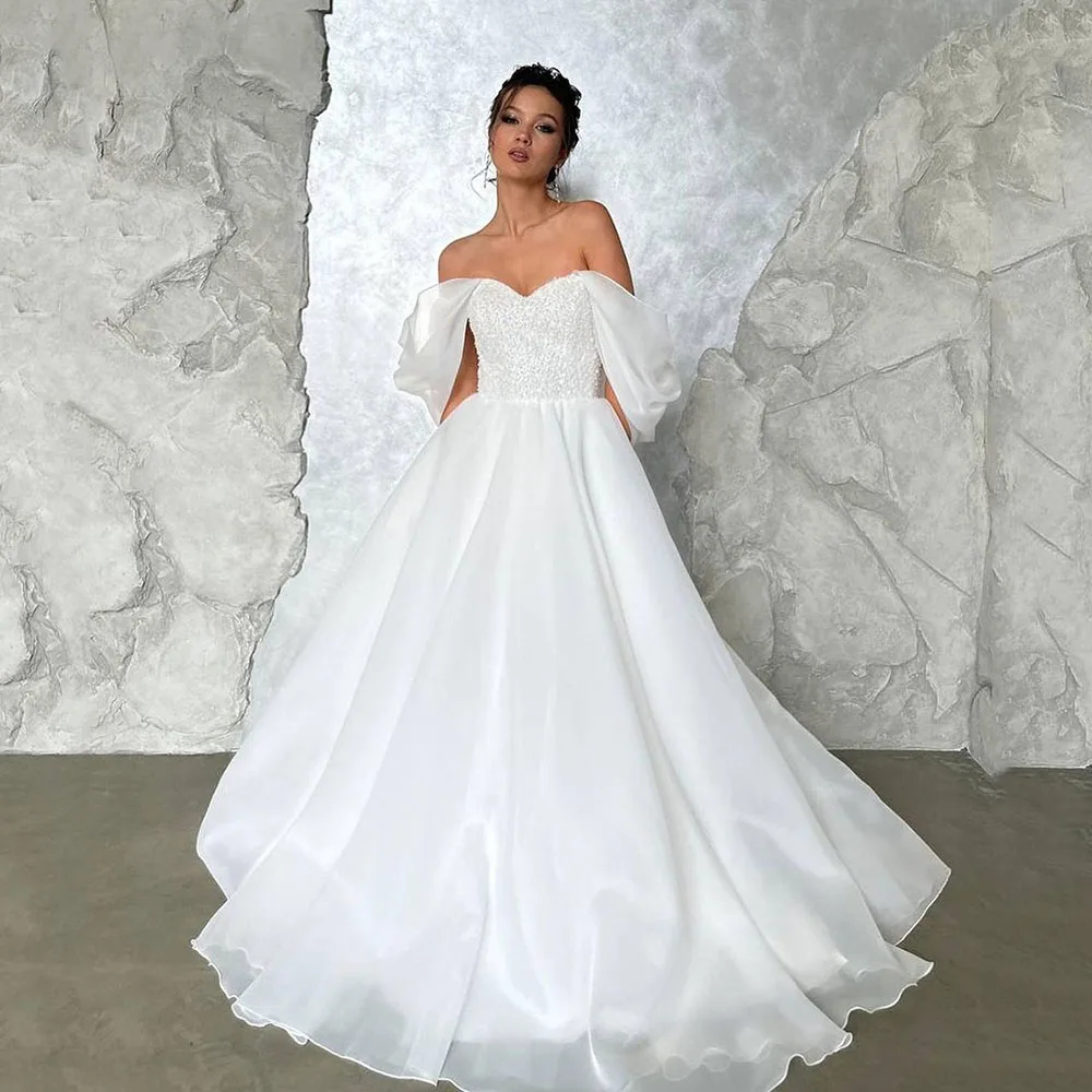 SoDigne Shiny Organza A Line Wedding Dresses Off The Shoulder Elegant Beads Sequins Bride Dress Princess Long Bridal Gown