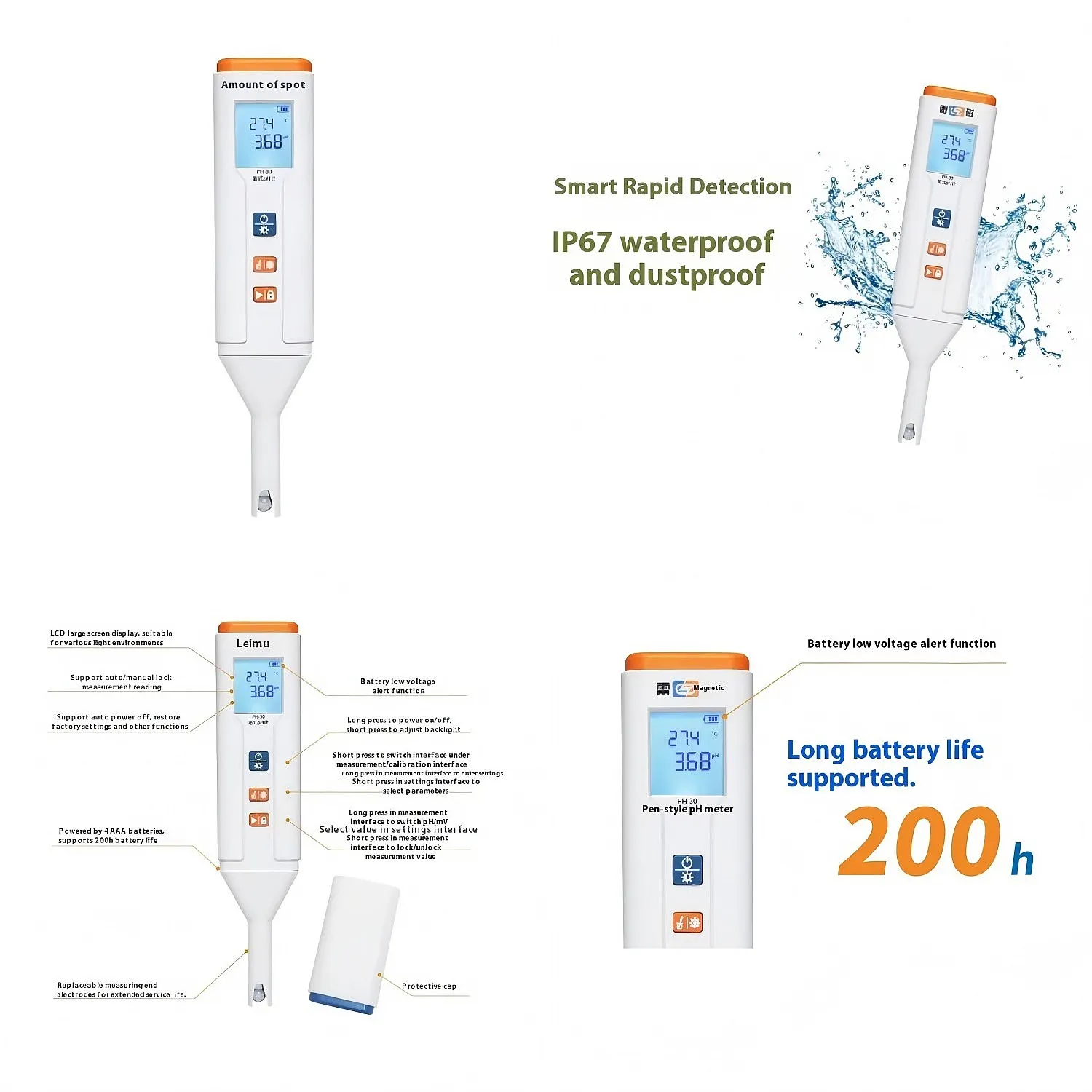 Portable PH-30 Meter Magnetic Pen PH Conductivity Dissolved Oxygen ORP Tester Pen Water Quality