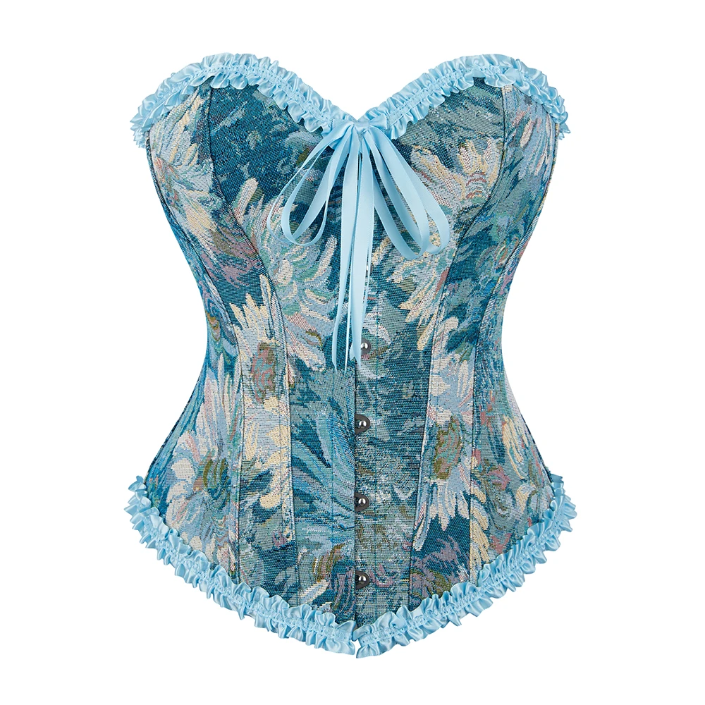 

Blue Floral Printed Overbust Corset Steampunk Vintage Trimming Bustier Top Korset