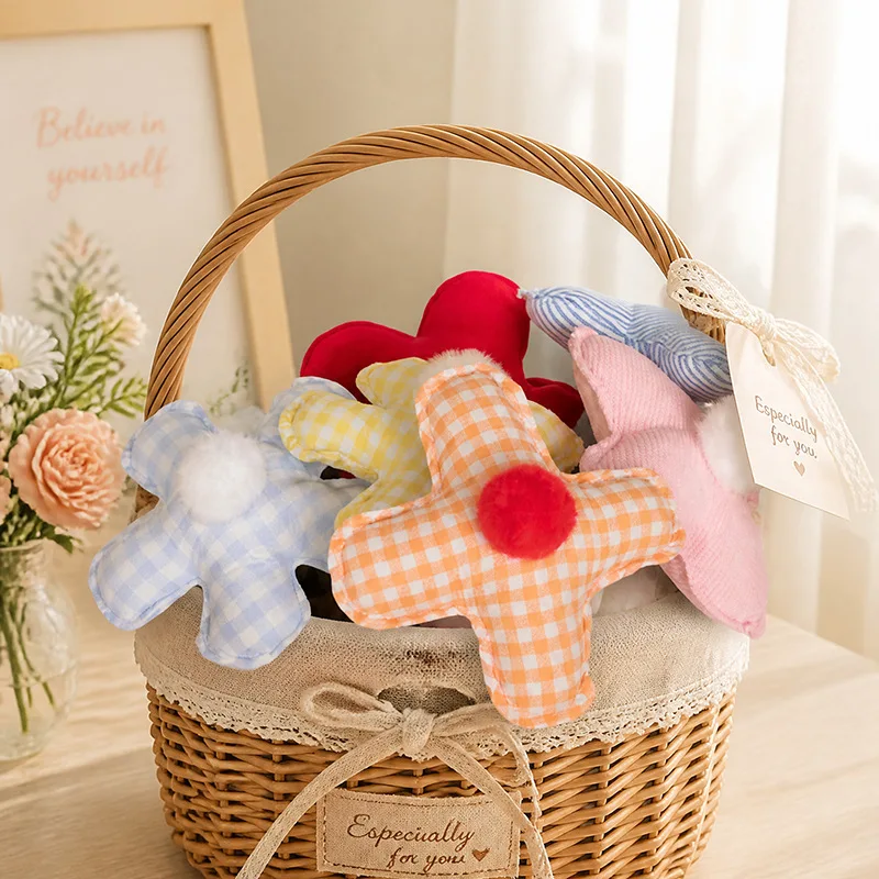Cute Plaid Fabric Flower Stick Plush Toy Soft Cloth Flower Wand Decorative Bouquet Ornament Sweet Home Desktop Decoration Gift
