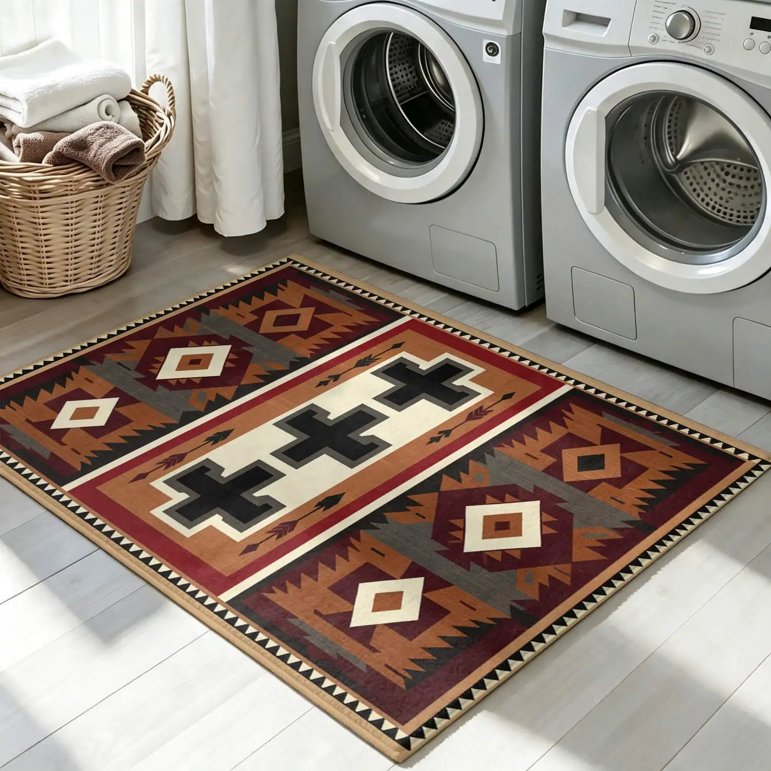 1Pc 2D Printed Retro Brown-Red Geometric Cross Pattern Carpet, Boho & Simple Geometric Styles, Multi-Size, Machine Washable, Home Decor Rug
