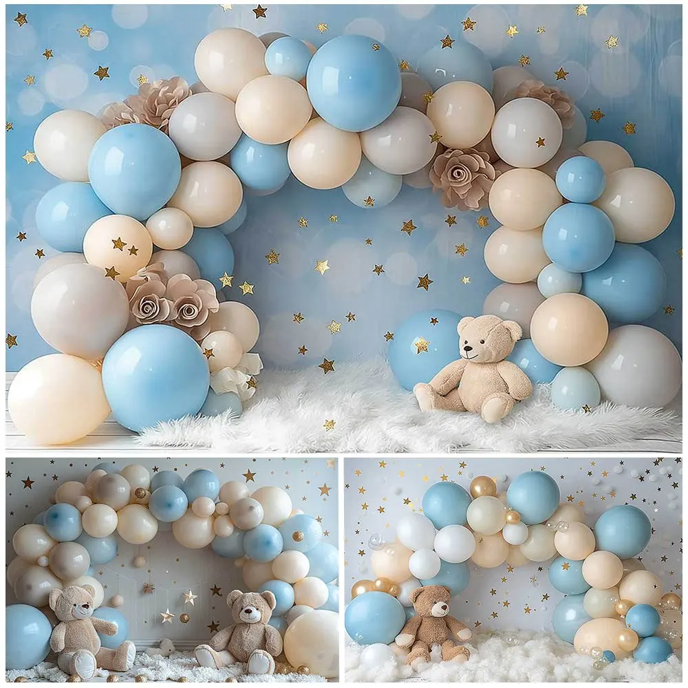 

Mocsicka Boys Photgraphy Background Arch Balloon Blue Wall Golden Star Baby 1st Birthday Cake Smash Party Backdrops Studio Props