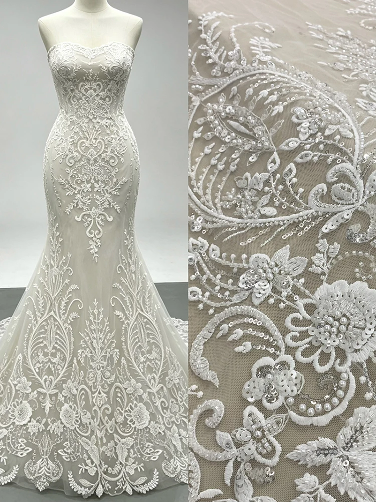 

XILEI #06 Luxury Pearls Tulle Lace Fabric Scalloped Design Beaded And Sequins Lace Material For Wedding Gowns Formal Dress