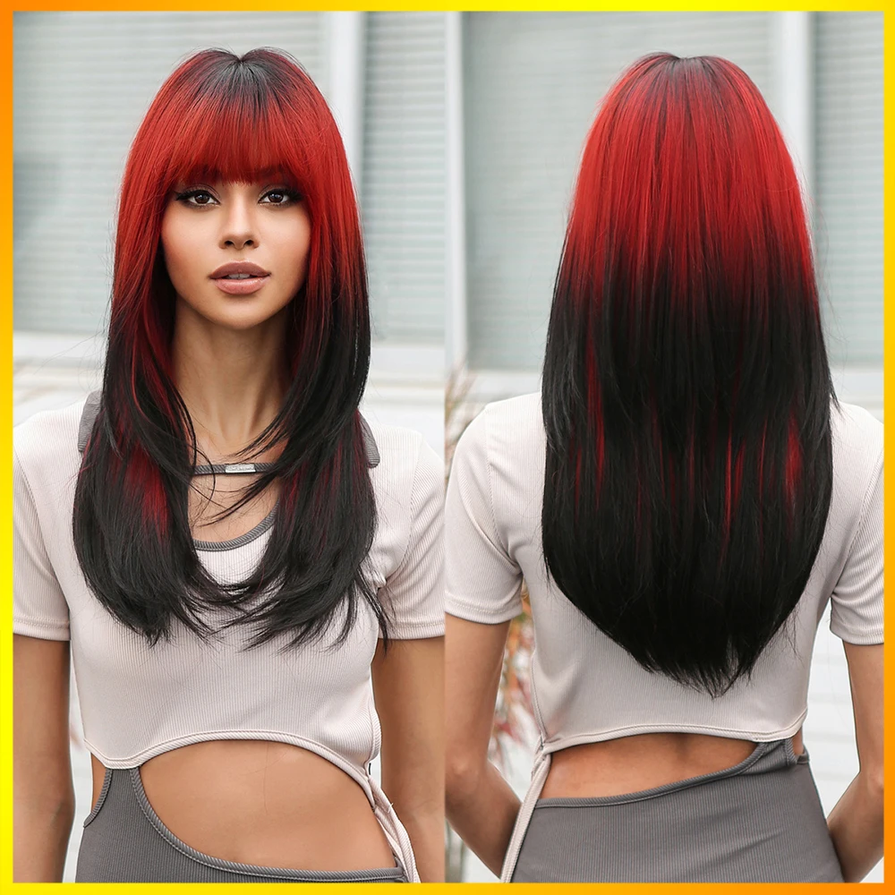 Perucas sintéticas retas longas com franja, resistente ao calor, cabelo natural, ombre vermelho, preto, festa cosplay, uso diário