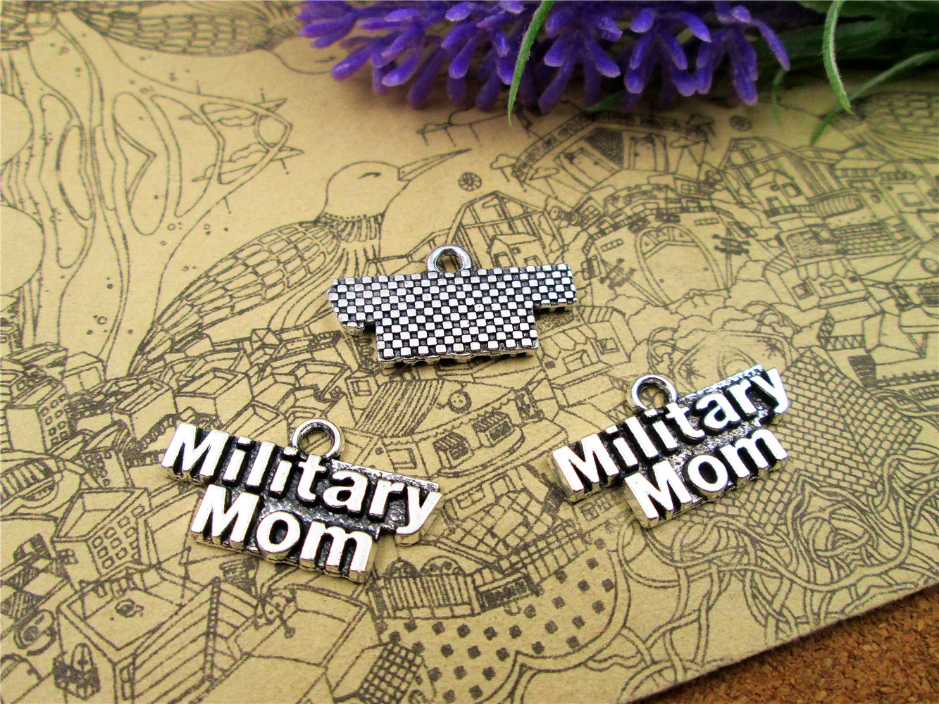 

60pcs--13*25mm Military Mom One Side Charms For Jewelry Making DIY Findings Antique Silver Color Alloy Pendants