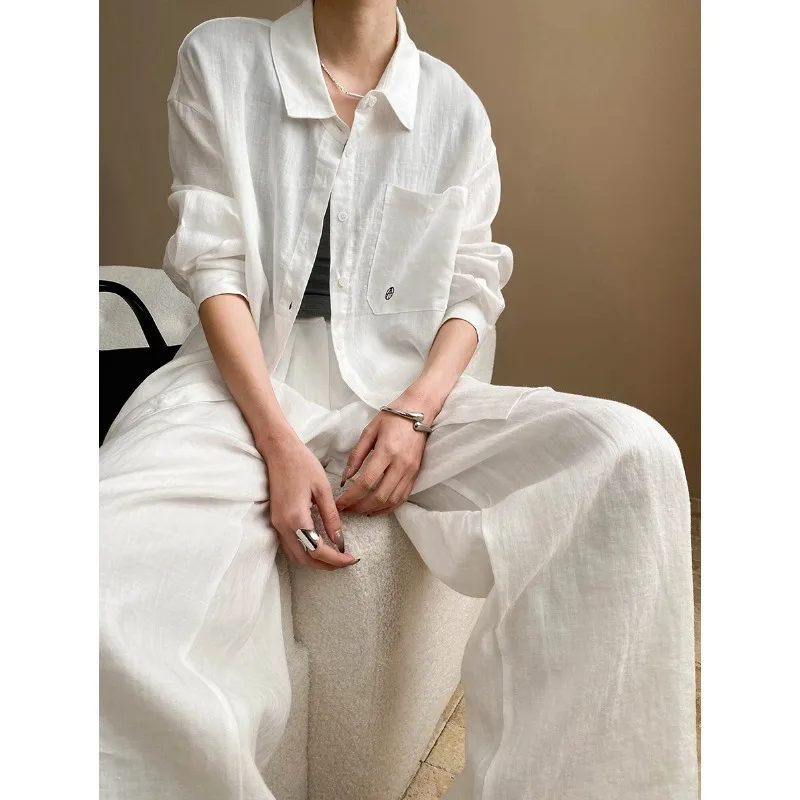 

White Button Up Shirt And Wide Leg Pants Long Sleeve Blouse With High Waist Pleated Trousers For Women Minimalist Outfit 10L5