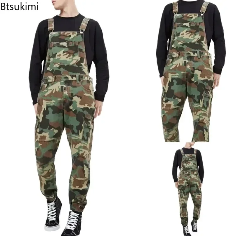 2024 Men\'s Camo Cargo Pants Work Overalls Bib and Brace Camouflage Combat Jeans Jumpsuit Pants Motorcycle Streetwear Jeans Men