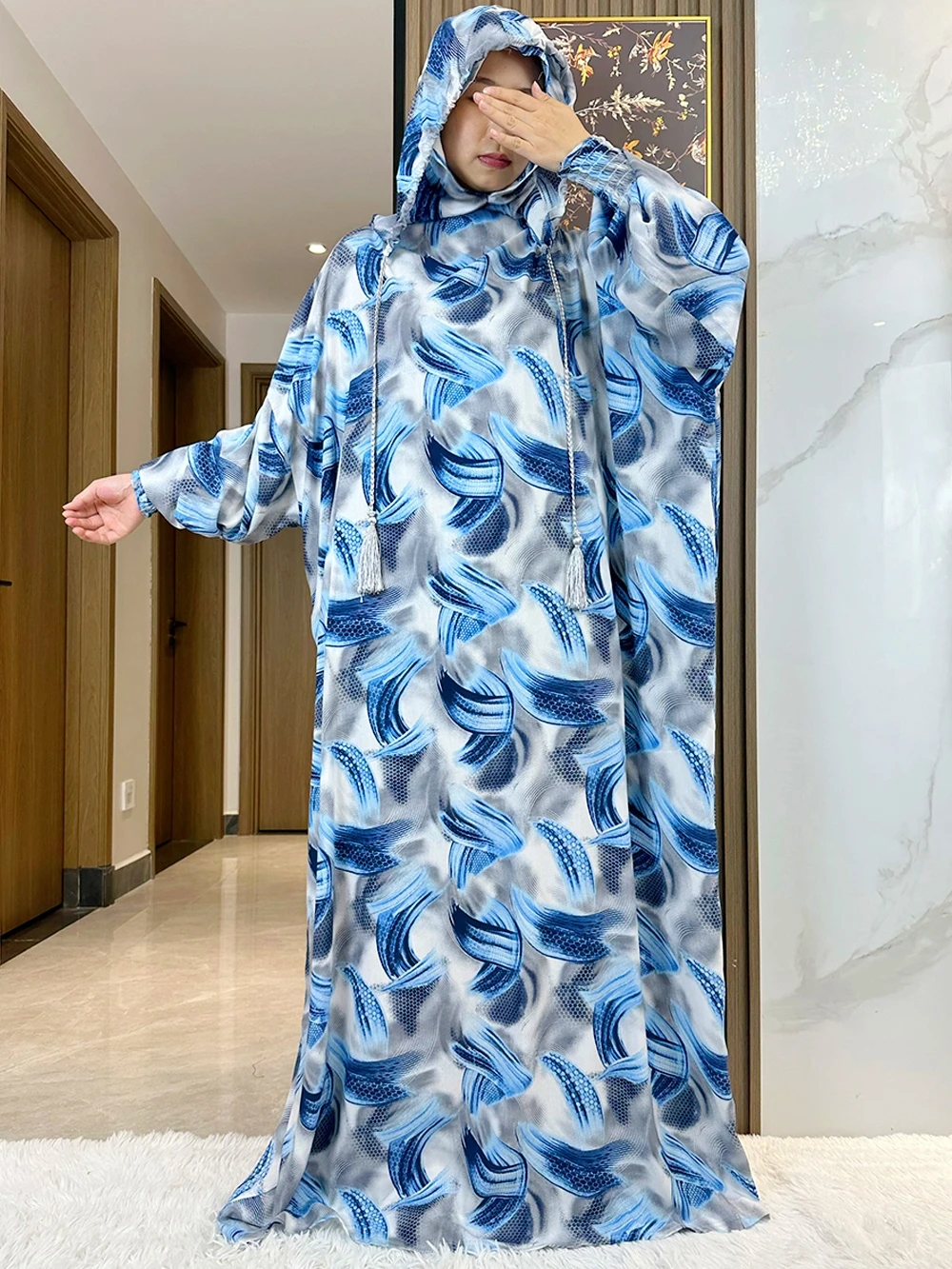 Newest  Ramadan Muslim Two Hats Abaya Dubai Turkey Islam Prayer Clothes Floral Cotton Fabric Dresses Islam Women Dress Kaftan