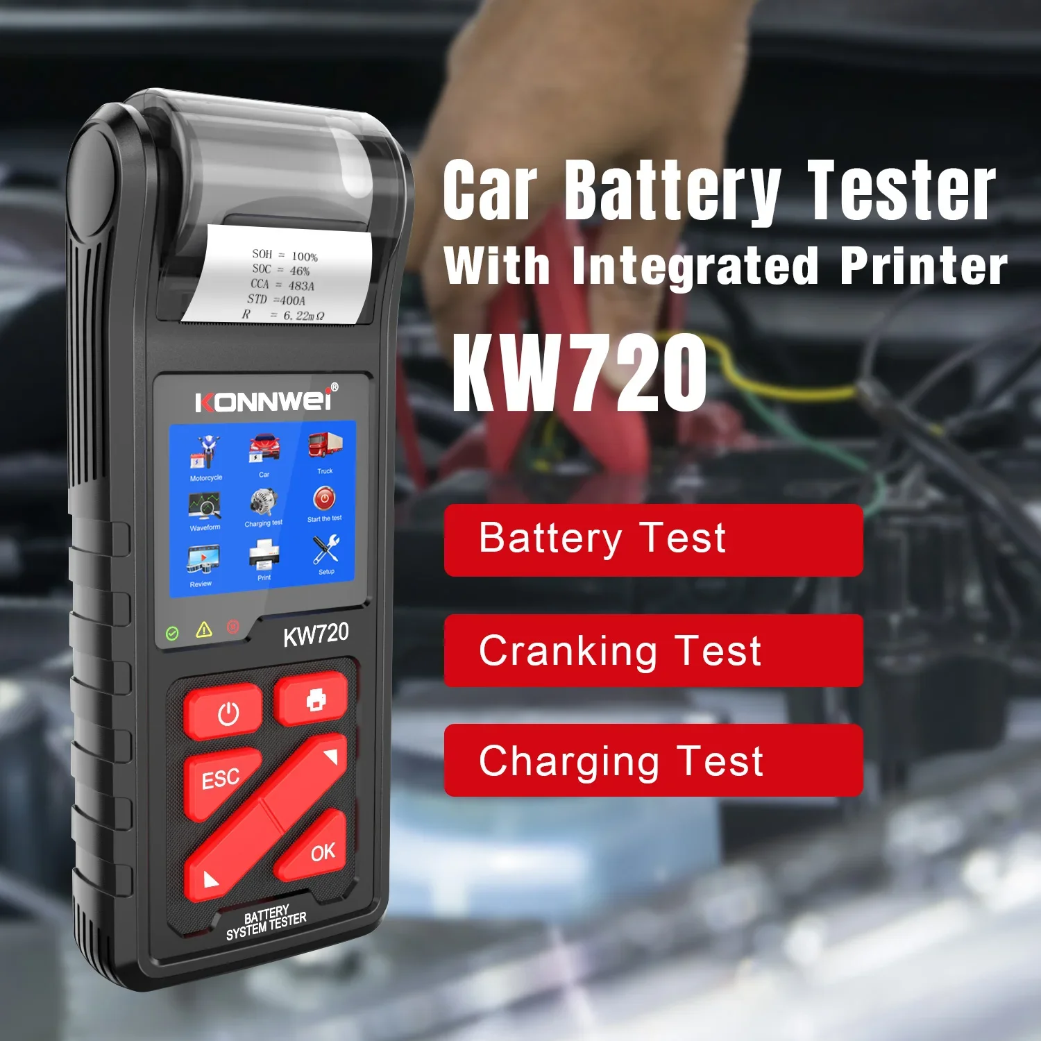 KONNWEI KW720 6V /12V /24V Battery Tester Analyzer Charging Cranking Test Tool for Motorcycle Car Truck with Integrated Printer