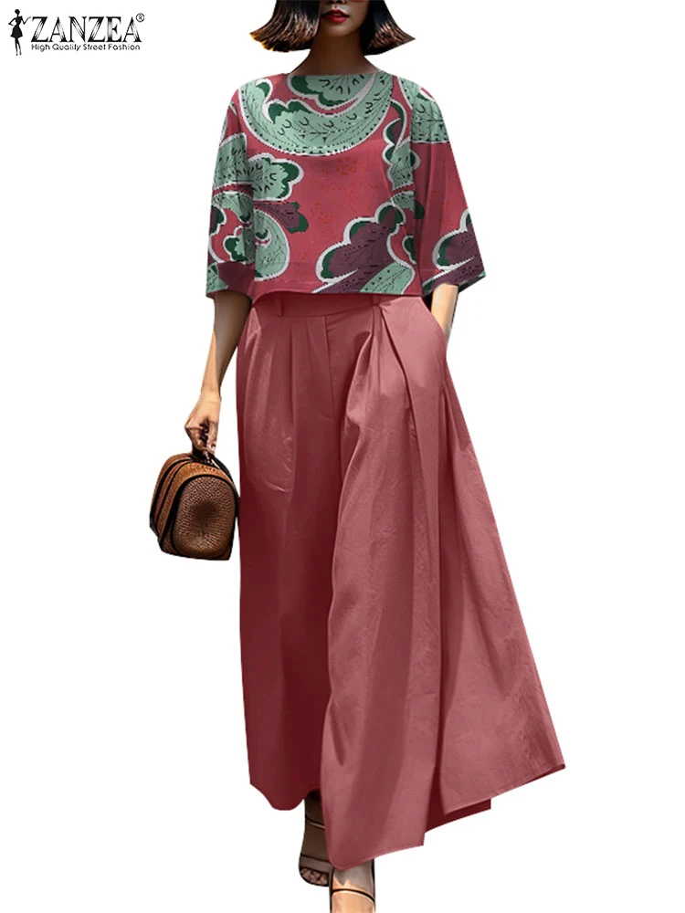Summer Pant Sets 2pcs Women Tracksuits Casual Loose Work Matching Sets ZANZEA Bohemain Female Blouse Wide Leg Trousers Suit