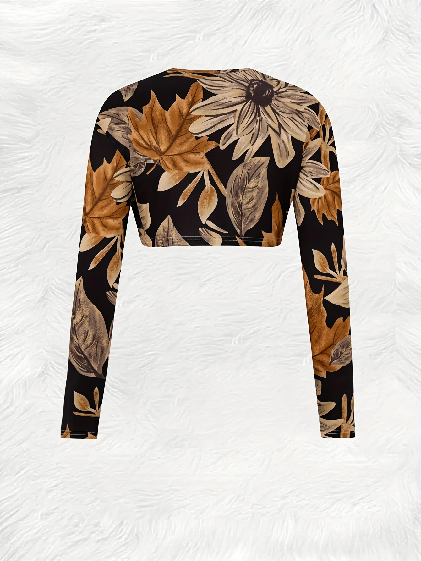 Printed Design Casual Style Brown Leaf Print On Black Women's Cardigan