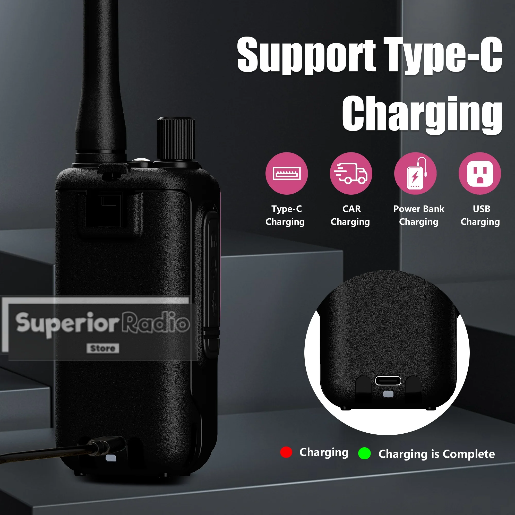 1/2PCS Baofeng UV 5R Mini Walkie Talkie Two Way Radio Pink Dual Display USB-C Charger 999 Channel AM For Camping Hiking Hunting