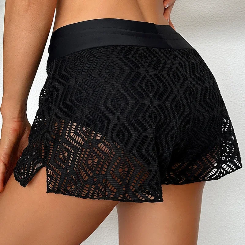 Women Solid Black Bikini Bottom Sexy Mesh Wide Leg Swimming Trunks Hollow Out High Waisted Two Piece Separates 2025 Beachwear