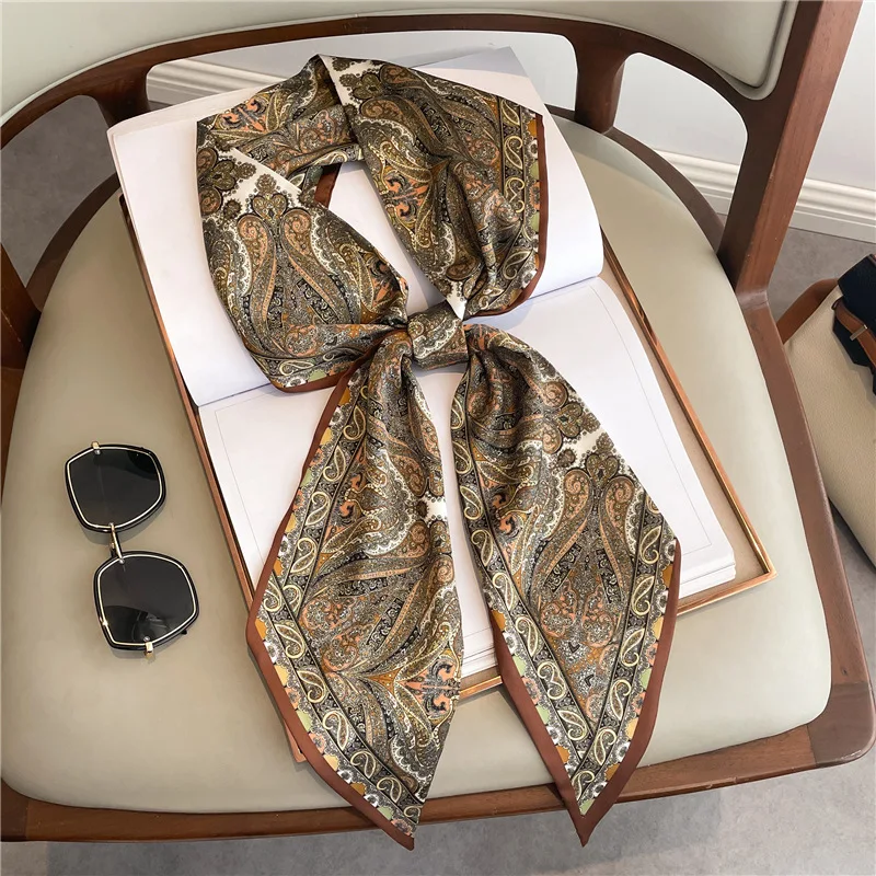 Bufanda larga de satén con estampado de Paisley, accesorio de moda de estilo coreano para mujer, bufanda drapeada con lazo de sentimientos de alta gama para verano