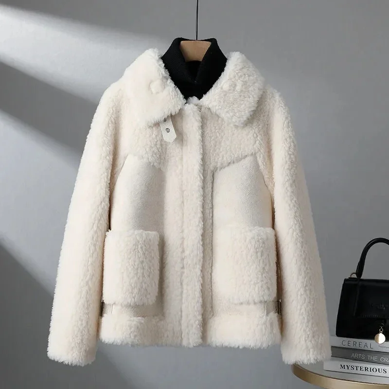 2024 Autumn Winter Lambswool Jacket Womens Chic Splice Lamb Wool Coat Tops Women Korean Bomber Wool Outwear Woman Suede Jackets