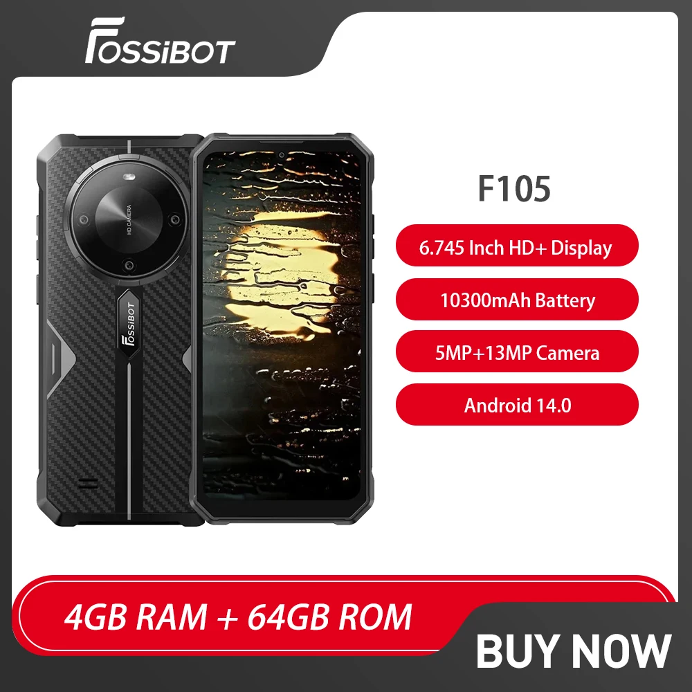 FOSSiBOT F105 Rug الهاتف الذكي أندرويد 14، 6.745 بوصة HD+، أوكتا كور 4 جيجابايت + 64 جيجابايت 10300 مللي أمبير، هاتف محمول، 20 ميجابكسل معرف الوجه هاتف محمول NFC