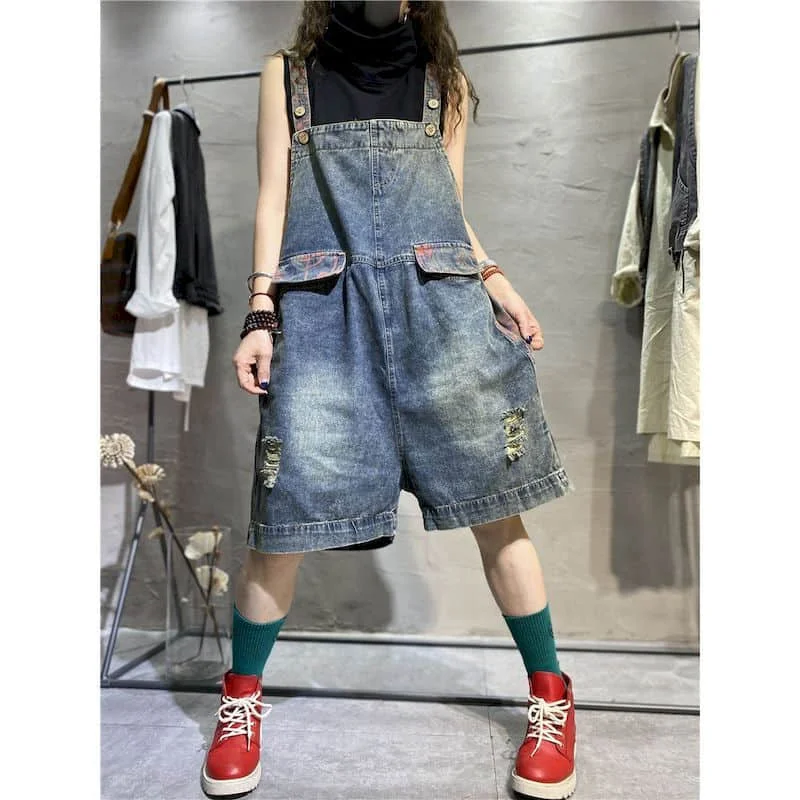 Denim Jumpsuit Women Vintage Korean Style One Piece Outfit Casual Loose Printed New Summer Clothing for Women Knee Length Jeans