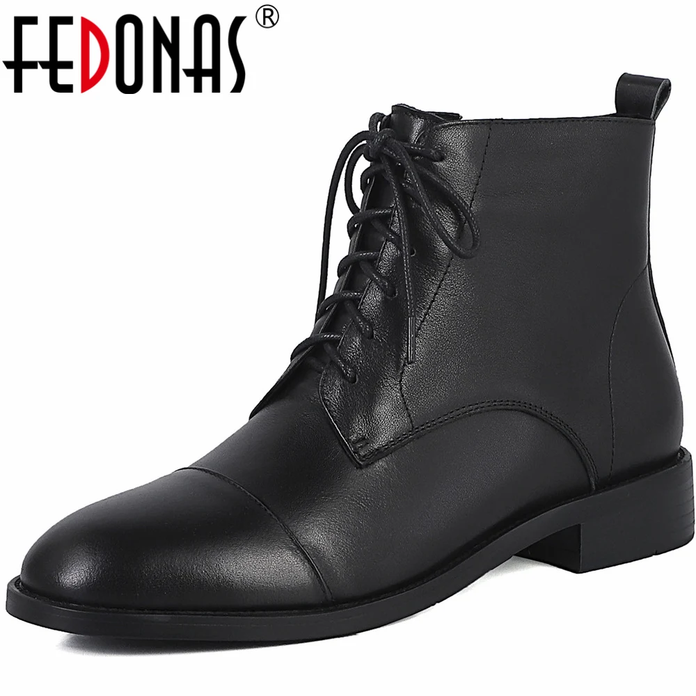 

FEDONAS Women Ankle Boots Autumn Winter Genuine Leather Concise Mature Cross-Tied Low Heels Side Zipper Office Lady Shoes Woman