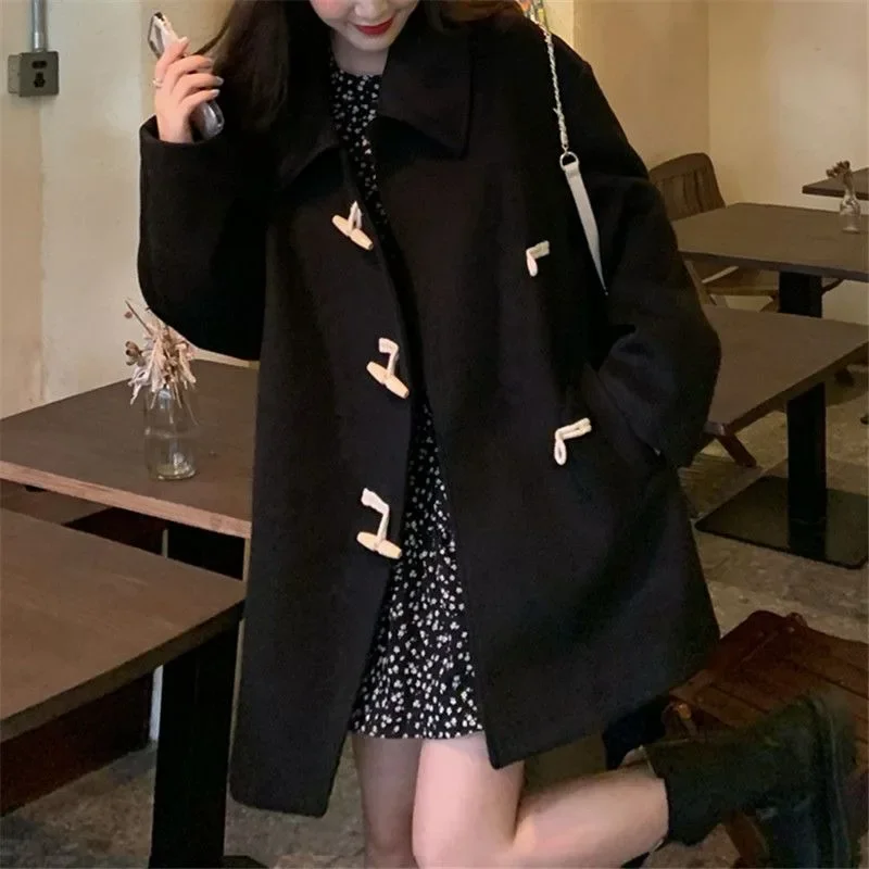 Women Wool Coat All-match Korean Academic Style Blends Plus Velvet Thicker Single Breasted Simple Leisure Horn Button Solid