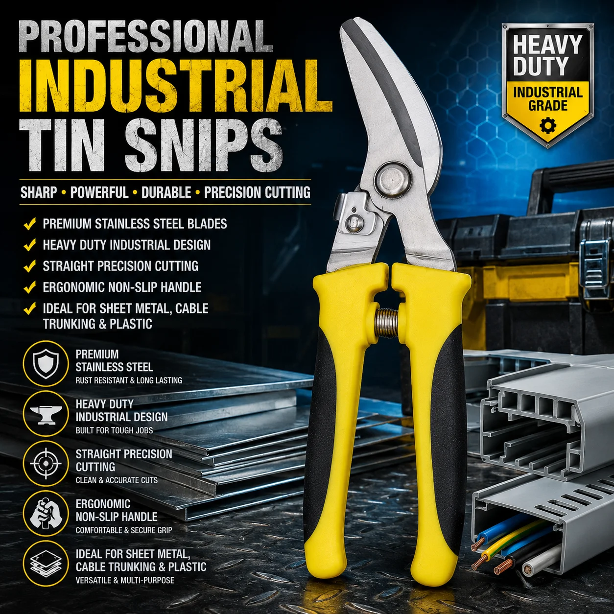 Heavy Duty Straight Tin Snips Stainless Steel Sheet Metal Cutter Industrial Shears for Metal Roofing Cable Trunking Workshop Rep