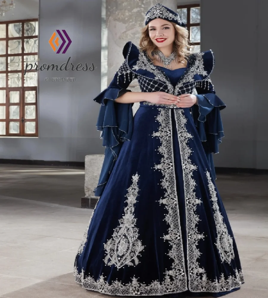 

Ottoman Turkish Navy Evening Dress With Sleeves Beaded Arabian Moroccan Prom Dress Lace Dubai Arabic Formal Party Customized