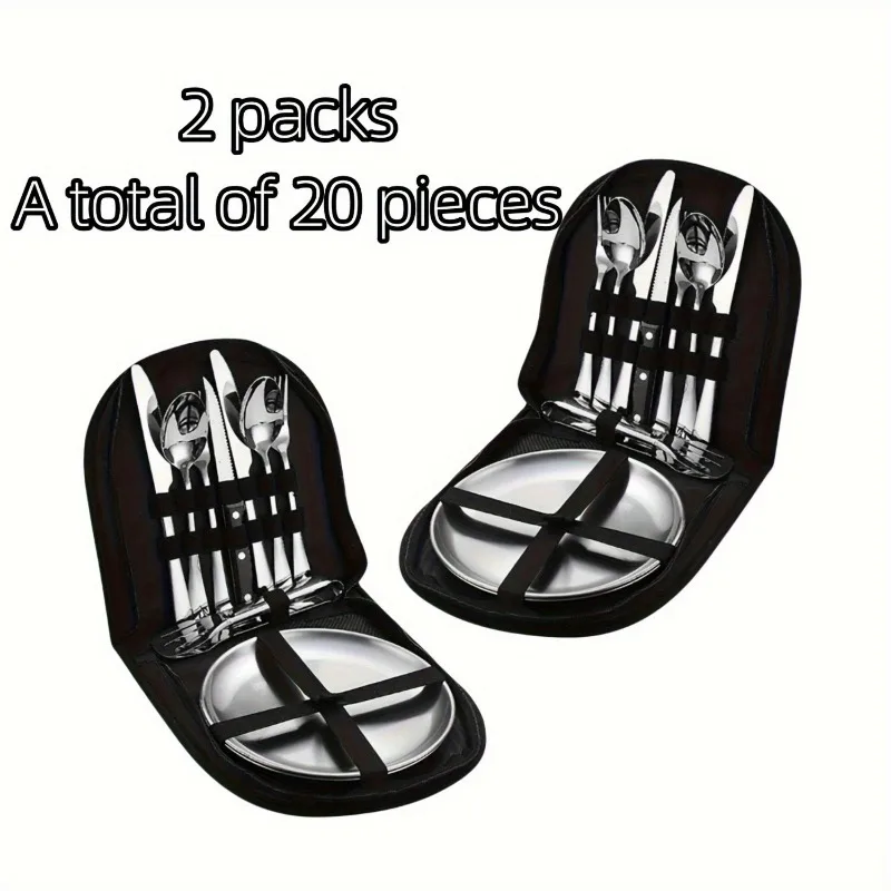 2 sets of 20PCS outdoor travel stainless steel knife, fork, spoon sets, portable tableware sets, suitable for hiking and camping