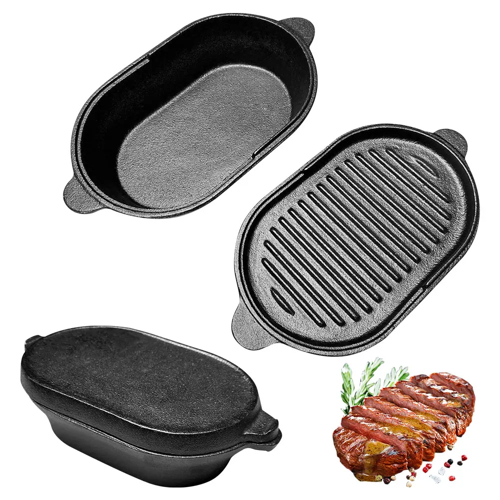 11 X 6.3in Cast Iron Griddle Pan Oval Skillet Reversible Grill Plate 2-in-1 for Indoor & Outdoor Cooking