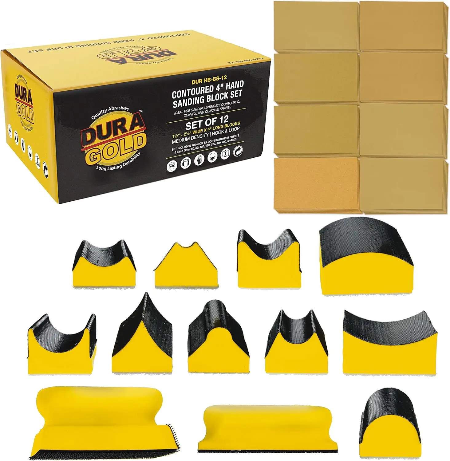 

12-Piece Contoured Sanding Block Set with 40 Sheets Hook & Loop Paper - Assorted Shapes for Wood, Furniture, Auto Paint