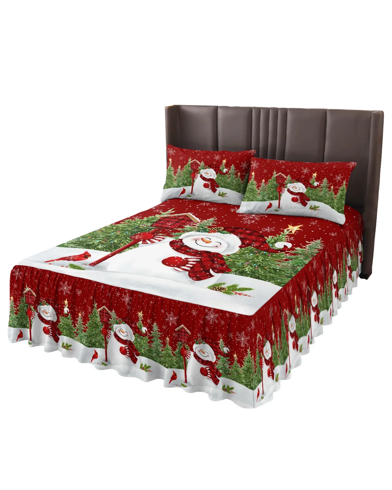 Christmas Snowman Christmas Tree Robin Bed Skirt Elastic Fitted Bedspread With Pillowcases Mattress Cover Bedding Set Bed Sheet