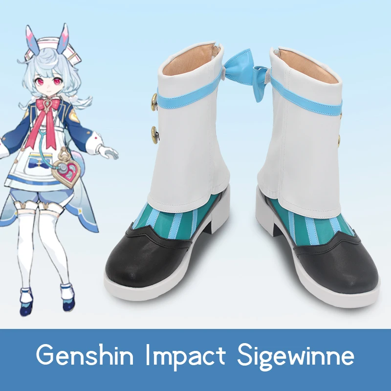 

New! Sigewinne Lovely Cosplay Shoes Genshin Impact Water Country head nurse blue white Customize Mid-calf boots