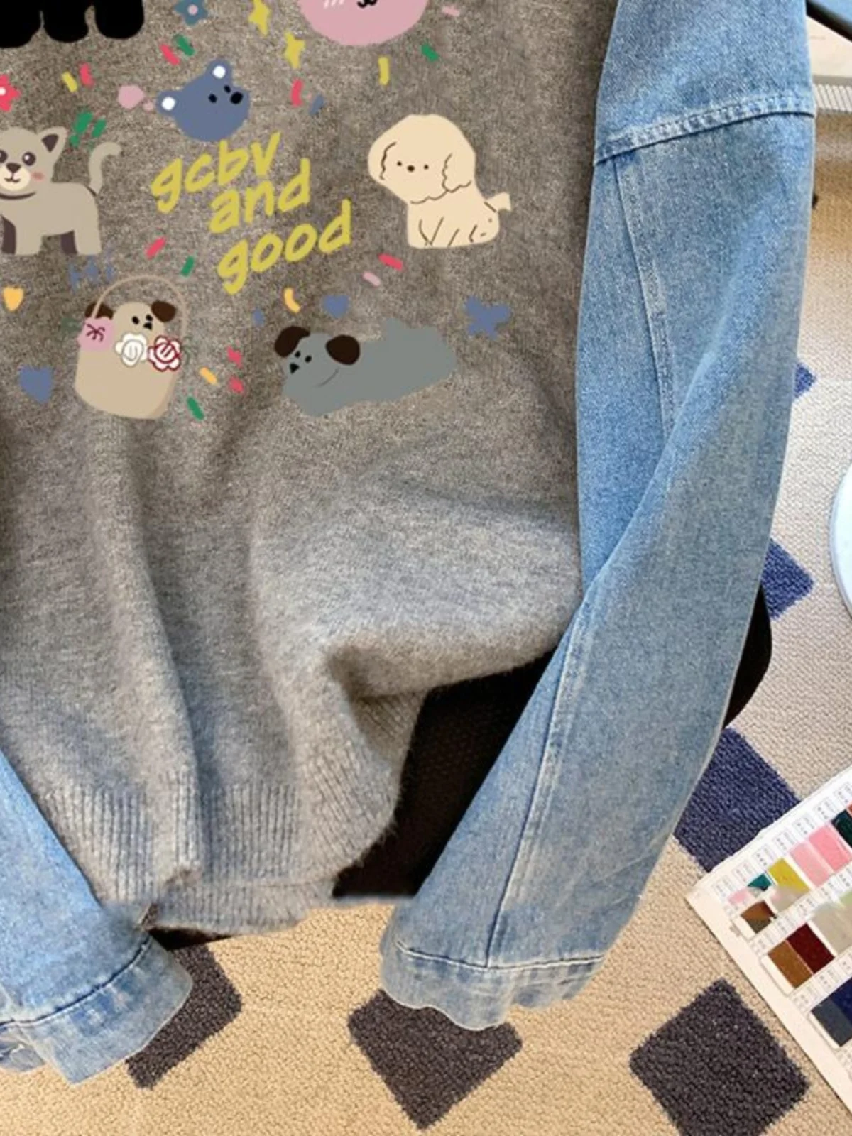 ay Thiened جولة Ne الدنيم المرقعة البلوز المرأة الخريف الشتاء متعة الكرتون المطبوعة مقنعين عارضة الشارع الشهير