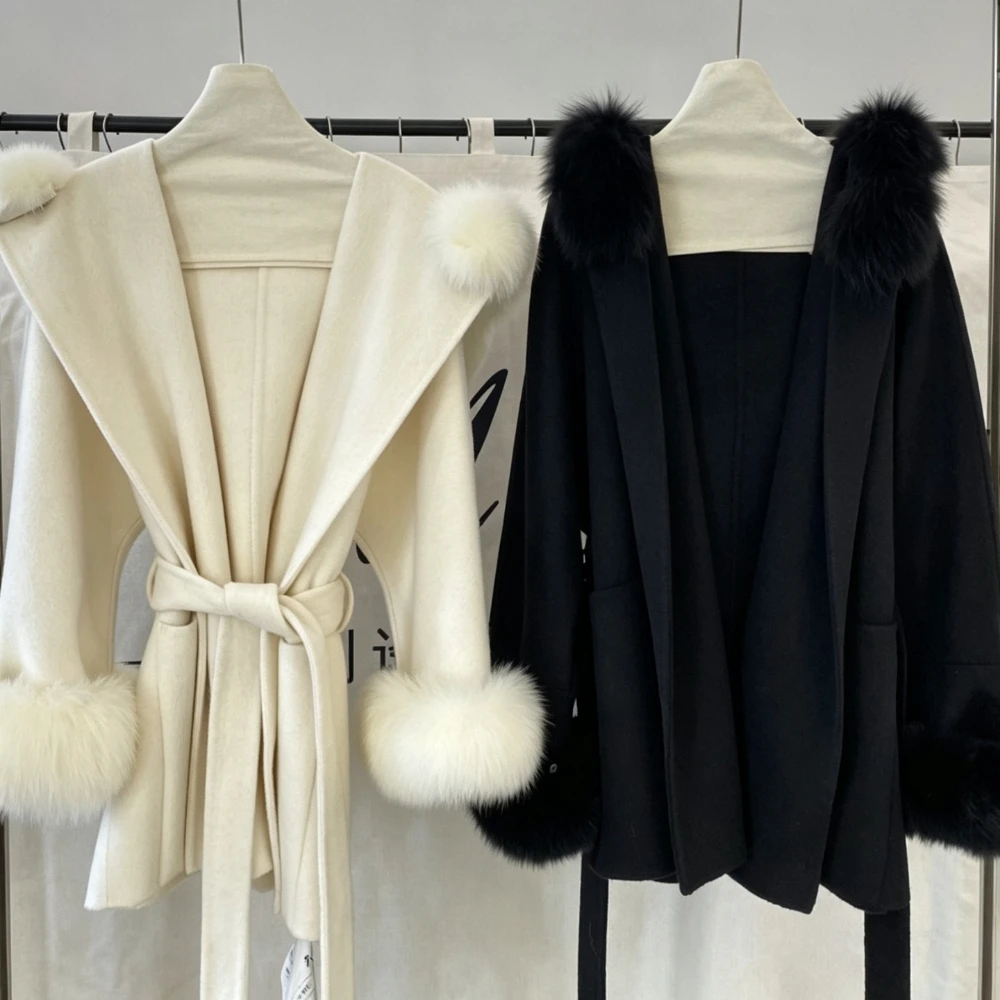 OFTBUY Kurzer Wollmantel mit Gürtel und Echtem Pelzkragen, Modische Lässige Wolljacke mit Natürlichem Fuchspelz, Neue Winterbekleidung für Damen – Detail 7