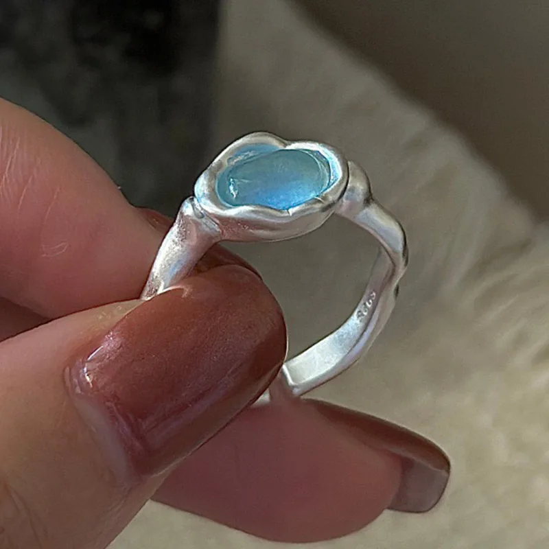 925 Sterling Silver Rings for Women Couple Minimalist Handmade BLue Round Stone Ring Fine Jewelry Gift Prevent Allergy