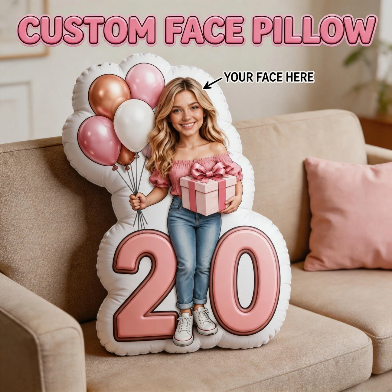 Personalized Photo Shaped Pillow with Custom Photo Insert - Smiling Balloons & Gift Box Cushion Suitable for Sofa &, Home Accent