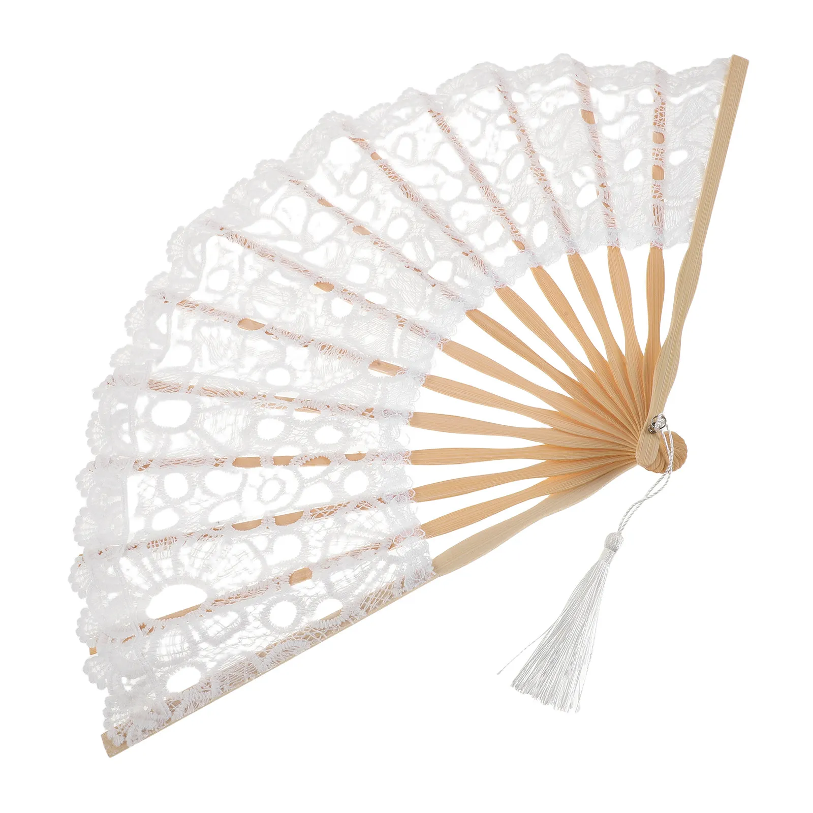 Lace Folding Hand Fan 19 Inch Elegant Bamboo Frame Vintage Style White Decorative Fan for Wedding Bridal Shower Dancing Party