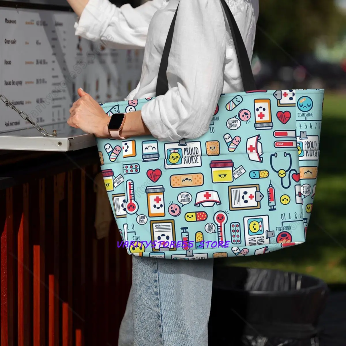 Proud To Be A Nurse Surface Pattern Design Blue Beach Tote Bag Sport Gym Yoga Duffle Large Tote Bag Women Travel Fitness
