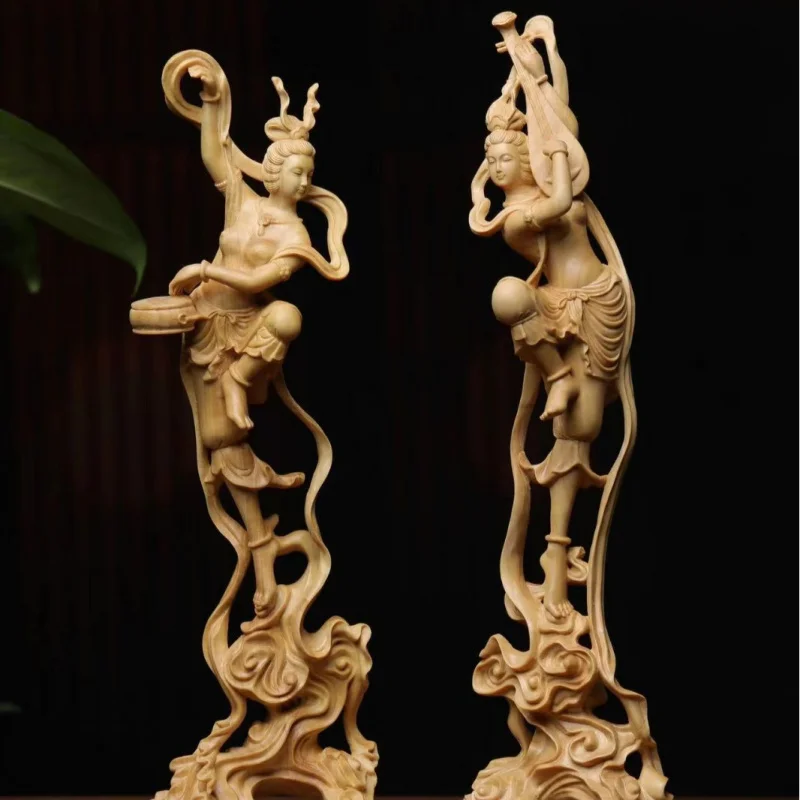 Антикварная Дуньхуанская летающая Апсара, резьба по дереву, самшитовая статуя ручной работы, буддийское искусство, домашний декор