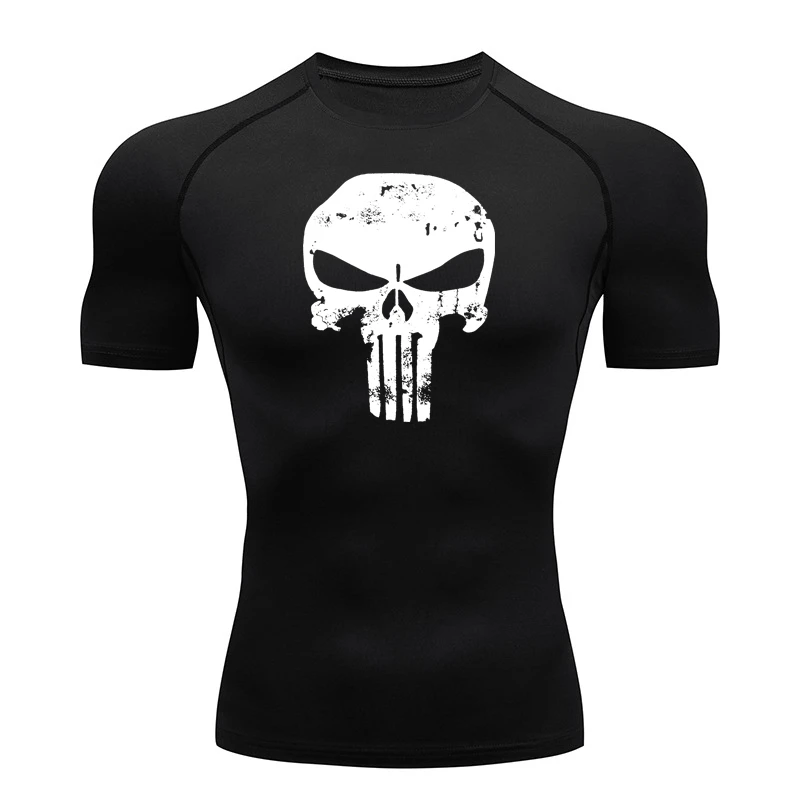 Skull Print Compression Shirts for Men Gym Workout Running Tshirts Sporty Athletic Quick Dry Tees Tops Short Sleeve Rash Guard