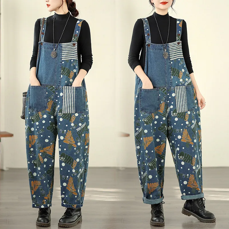 Fashion Women Denim Jumpsuit Oversize Print Patchwork Wide Leg Jeans Casual Suspender Strap Overalls