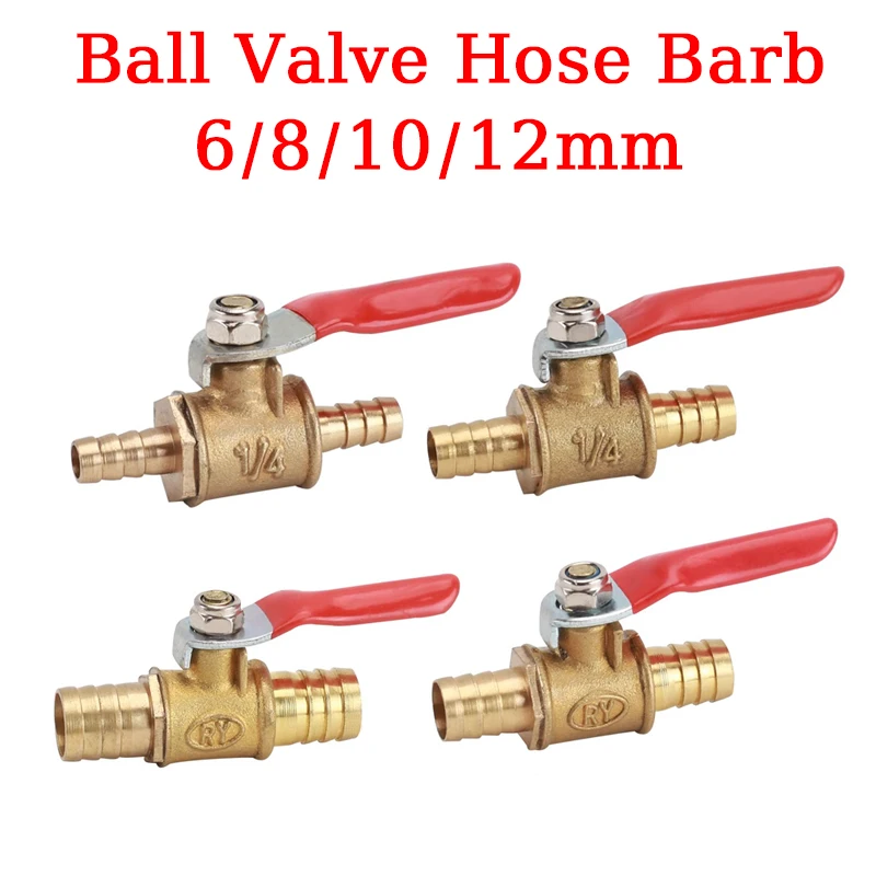 

200/50/10Pcs red handle Valve 6mm 8mm 10mm 12mm 14mm Hose Barb Inline Brass Water Oil Air Gas Fuel Line Ball Valve Pipe Fittings