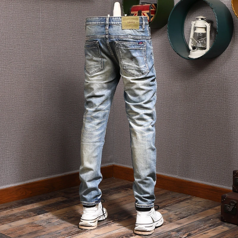 Italian Style Fashion Men Jeans High Quality Retro Wash Elastic Slim Fit Ripped Jeans Men Vintage Designer Denim Pants Hombre