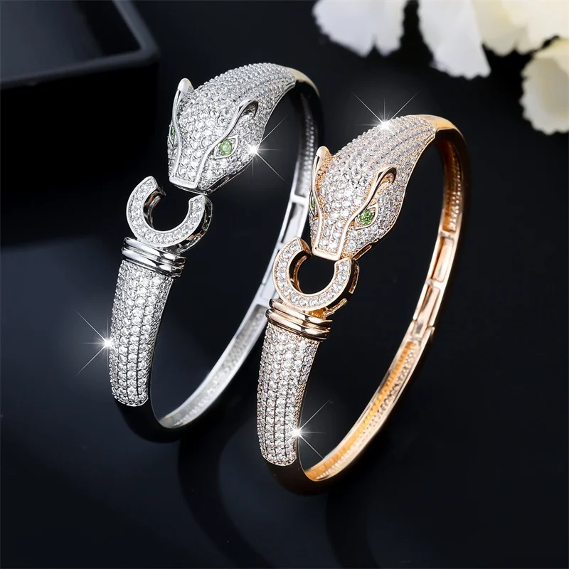 

Luxury Inspired Leopard Bracelet With Sparkling Zircon Open Cuff Bangle For Women Party Elegant Look Jewelry Dropshipping