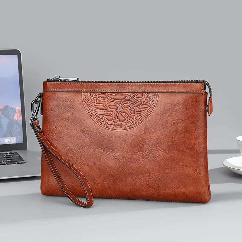 Men's Distressed Leather Envelope Clutch: Premium Grain Cowhide Vintage Wallet Handbag