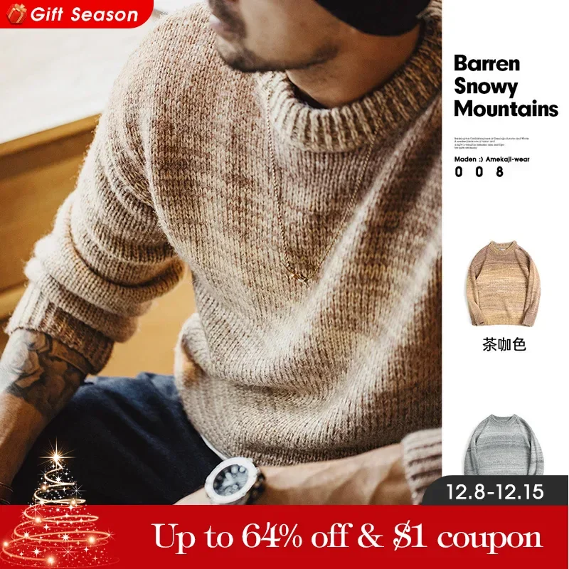 Maden Men\'s Autumn Winter American Vintage Gradient Stripe Sweater Pullover Round Neck Blended Knitwear